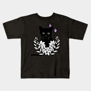 Black cat floral and butterflies Kids T-Shirt